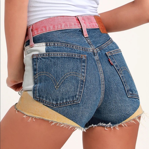 501 High Rise Medium Wash Color Block Denim Shorts - Picture 2 of 4